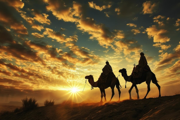 Foto tres hombres sabios se embarcan en un viaje en camello para presenciar el nacimiento de jesús