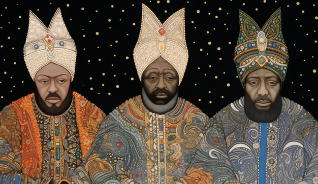 Tres hombres sabios en ropas étnicas en el cielo estrellado de la noche