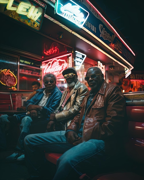 tres hombres sentados en un autobús frente a un letrero de neón que dice pepsi.