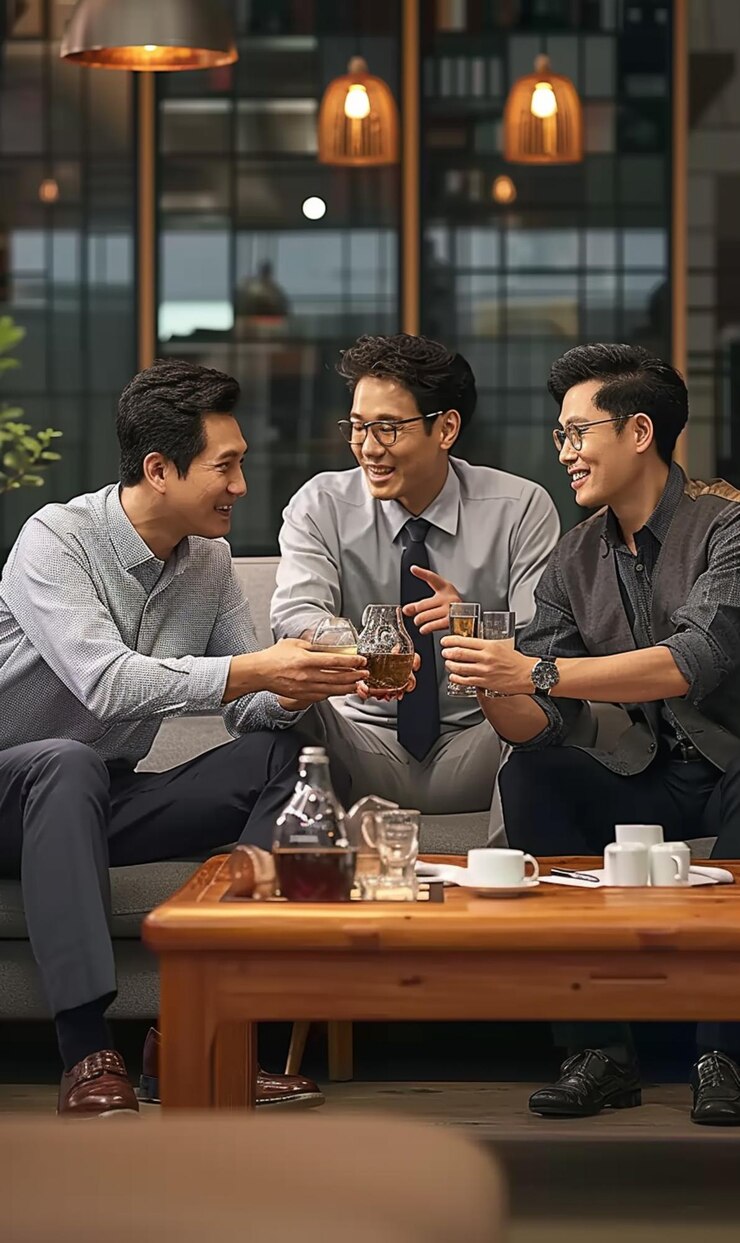 tres hombres sentados en un sofá con una taza de café y un teléfono celular generativo ai