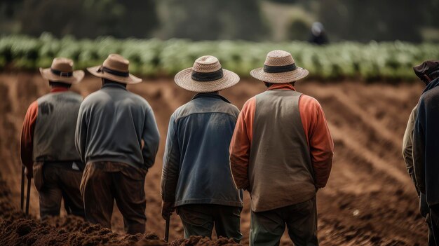 Foto tres hombres con sombreros se paran en un campo, uno de los cuales lleva un sombrero.