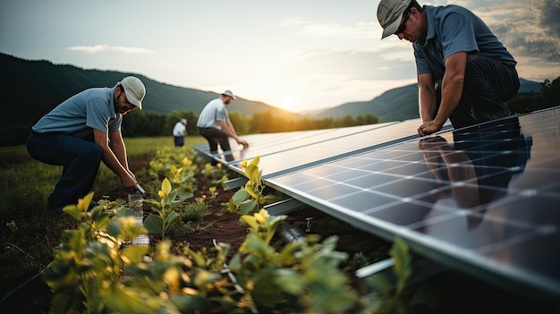 tres hombres trabajando en un panel solar en un campo