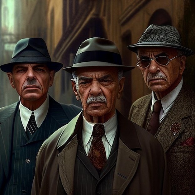 Tres hombres con traje y sombrero se paran en fila en una ciudad generativa ai
