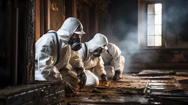 Tres hombres con trajes blancos y máscaras antigás trabajan en un edificio. IA generativa