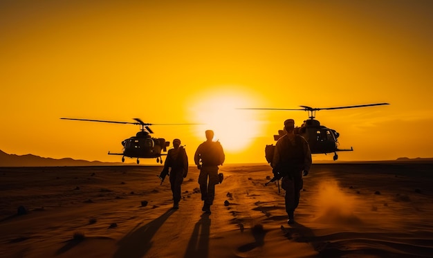 Tres hombres uniformados con armas caminando por el desierto Dos helicópteros volando bajo detrás de ellos Cielo amarillo con sol poniente como telón de fondo IA generativa