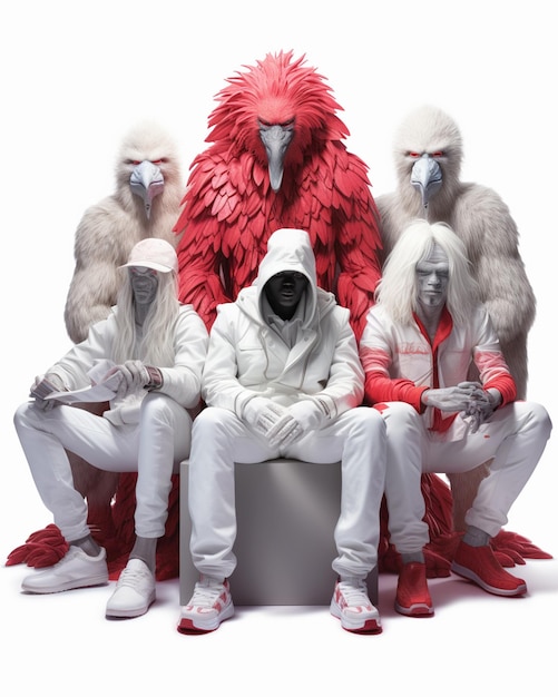 Tres hombres vestidos de blanco y rojo sentados en un banco con monos generativos ai