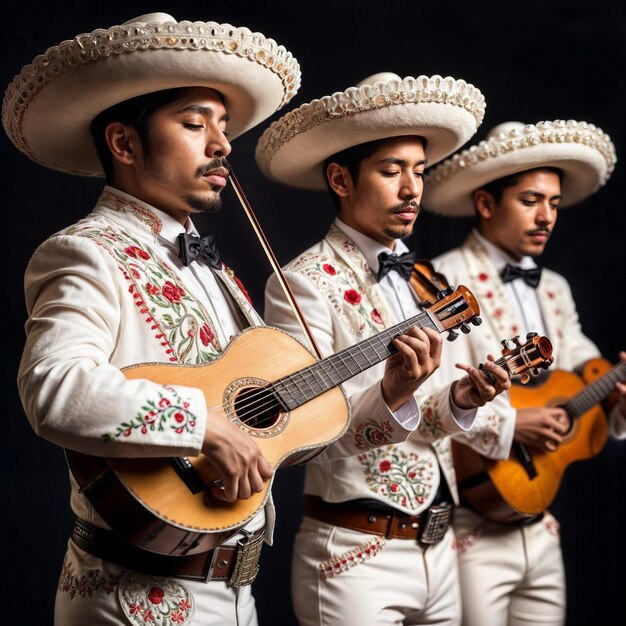 Foto tres hombres en vestidos tradicionales con una guitarra