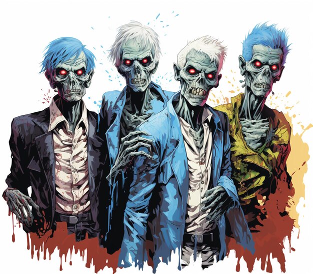 tres hombres zombies con cabello azul y ojos rojos de pie frente a un fondo blanco generativo ai