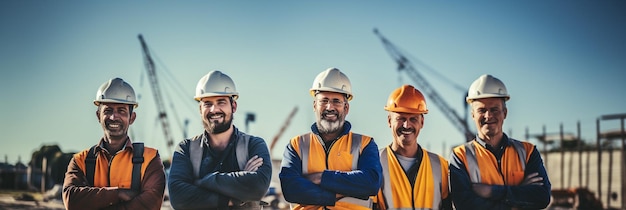 Três homens com capacetes estão em frente a um canteiro de obras.