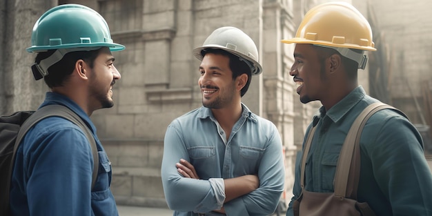 Três homens conversando em frente a um prédio