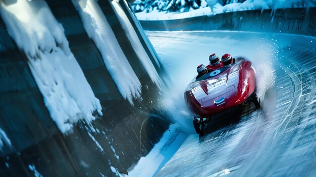 Foto três homens corajosos correm por uma pista gelada num bobsleigh elegante.