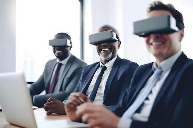 Três homens de terno estão sentados em uma sala de conferências, usando óculos de realidade virtual.