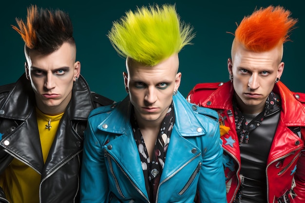 Três homens do punk rock britânico com estilo de cabelo moicano colorido e jaquetas de couro