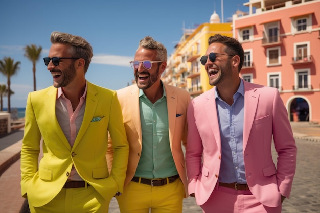 Três homens elegantes e brilhantes estão andando pela cidade sorrindo.