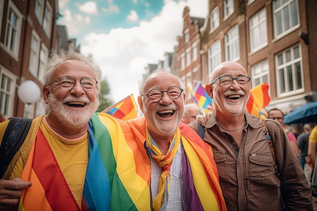 Três homens em camisas de arco-íris estão caminhando em um desfile com a palavra orgulho na frente.