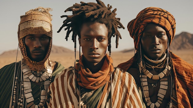 Foto três homens em trajes tribais posam no deserto