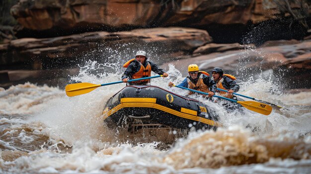 Foto três homens em uma jangada navegam pelas corredeiras de um rio a água é branca de espuma e os homens estão usando capacetes e coletes salva-vidas