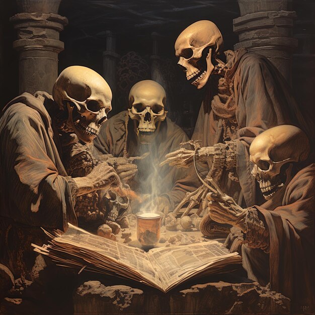 Foto três homens estão olhando para um livro com crânios nele.