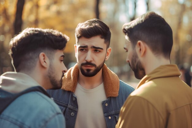 Três homens jovens caminhando no parque de outono e olhando um para o outro IA generativa