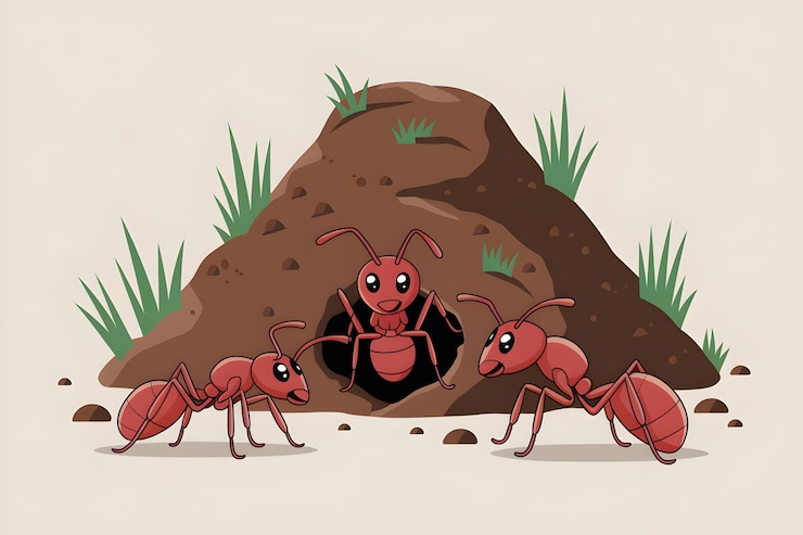 Tres hormigas animadas en un montículo de tierra involucradas en un comportamiento natural animado