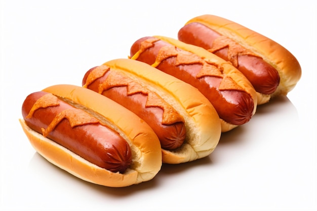tres hot dogs con mostaza sentados sobre una superficie blanca