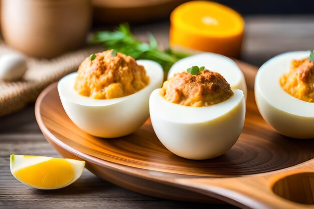 tres huevos duros en una bandeja de madera con un huevo amarillo en la parte superior