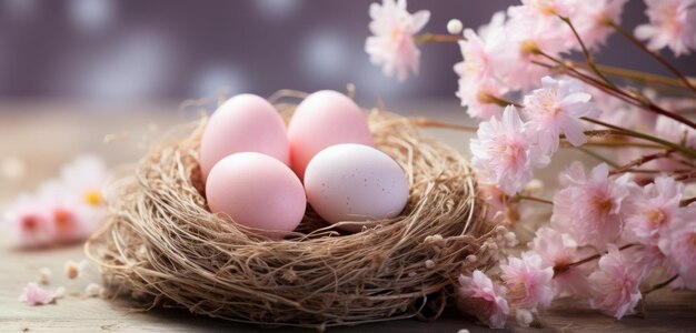 tres huevos en un nido con flores rosas