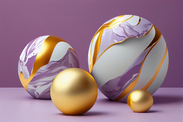 Tres huevos de pascua con bolas de oro sobre un fondo morado