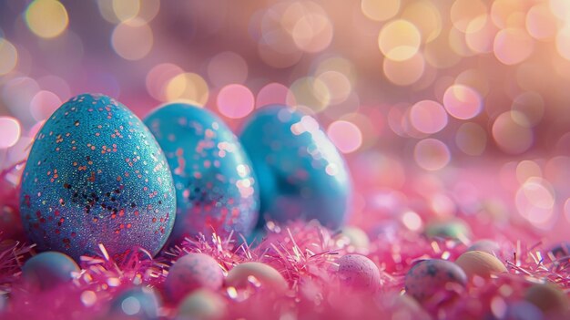 Tres huevos de Pascua de colores en un suelo brillante