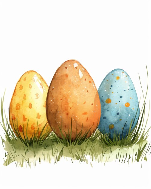 Tres huevos de Pascua coloridos están anidados en la vibrante hierba verde tomando el sol cada huevo tiene un diseño único que añade a la escena caprichosa IA generativa