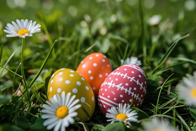 Tres huevos de Pascua decorados en la hierba con margaritas