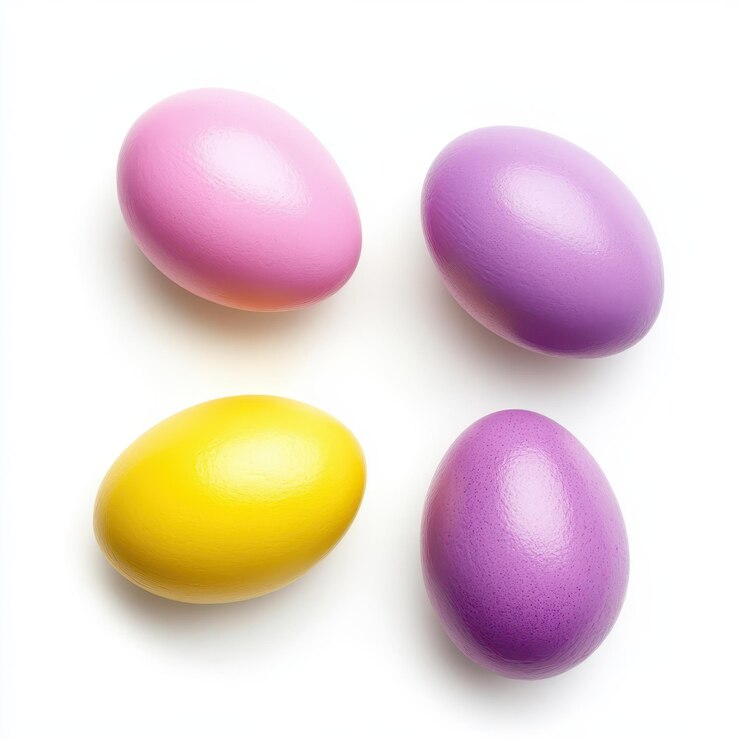 tres huevos de Pascua con huevo púrpura y amarillo en un fondo blanco