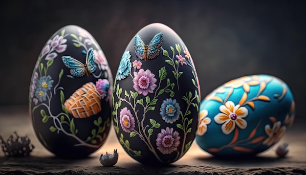 Tres huevos de pascua pintados con mariposas en el frente y un pequeño pájaro en la parte posterior