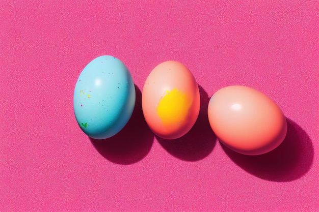 Tres huevos de pascua sobre un fondo rosa