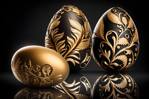 Tres huevos pintados de oro con un diseño floral en ellos