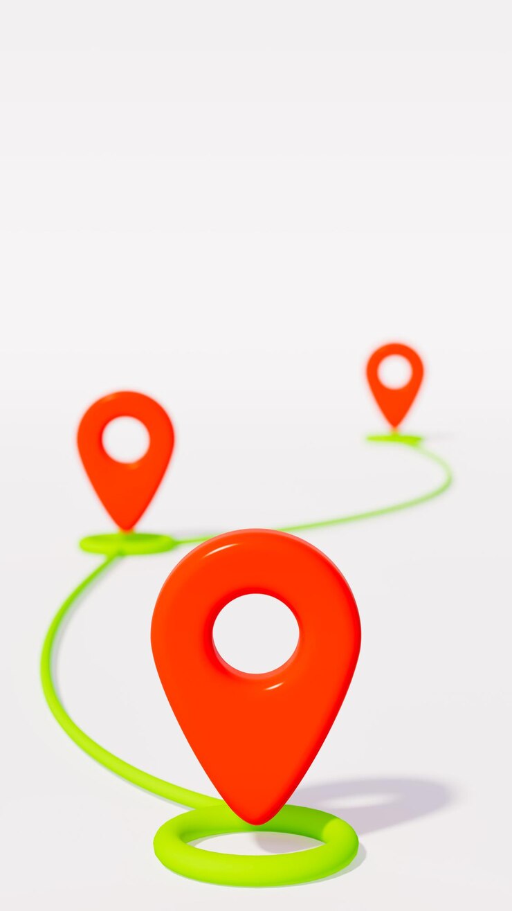 Tres iconos de alfileres de ubicación rojos con articulaciones verdes en fondo blanco tema de geolocalización y uso de gps
