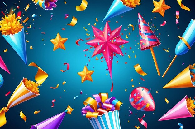 Foto tres iconos de fiesta popper 3d con explosión de confeti feliz cumpleaños sorpresa de la fiesta pancarta