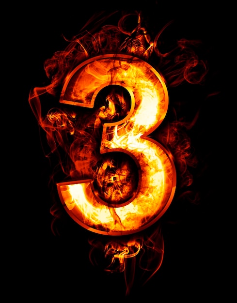 tres, ilustración de número con efectos cromados y fuego rojo sobre fondo negro