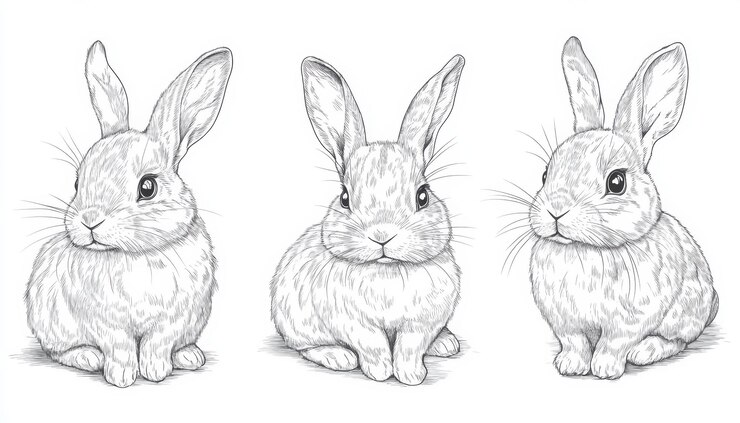 Foto tres ilustraciones diferentes de conejos con posturas y características distintas en un fondo en blanco