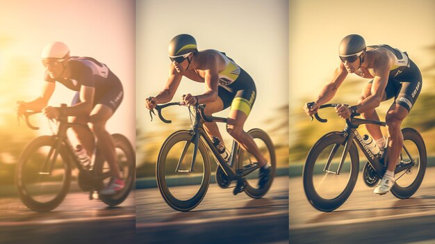 Foto tres imágenes de un ciclista de triatlón