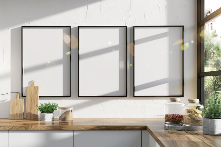 Tres imágenes enmarcadas en blanco en una pared de la cocina