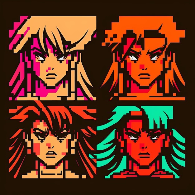 tres imágenes de pixel art de una mujer y un hombre con cabello de diferentes colores ai generativo