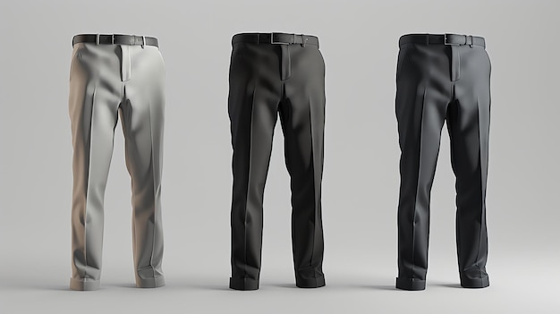 Foto tres imágenes renderizadas de pantalones sobre un fondo blanco los pantalones son todos del mismo estilo con un cinturón y dos bolsillos delanteros