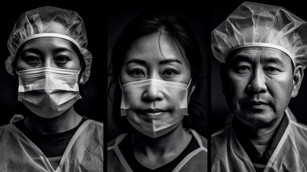 Três imagens de uma mulher usando uma máscara cirúrgica.