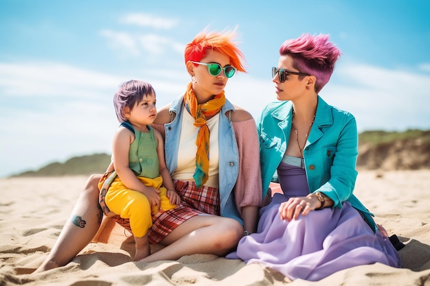 Três indivíduos com penteados coloridos sentam-se juntos em uma praia de areia