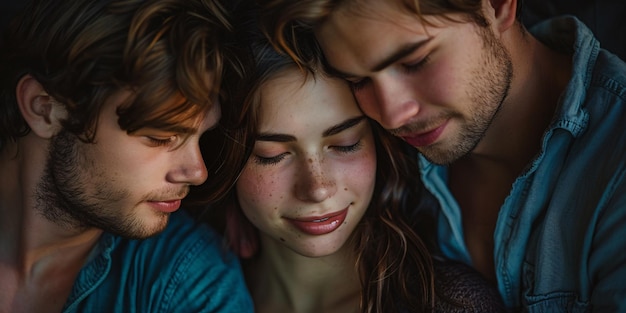 Foto tres individuos se involucran en relaciones poliamorosas consensuadas y abiertas amando y conectándose con múltiples parejas al mismo tiempo chica y dos chicos