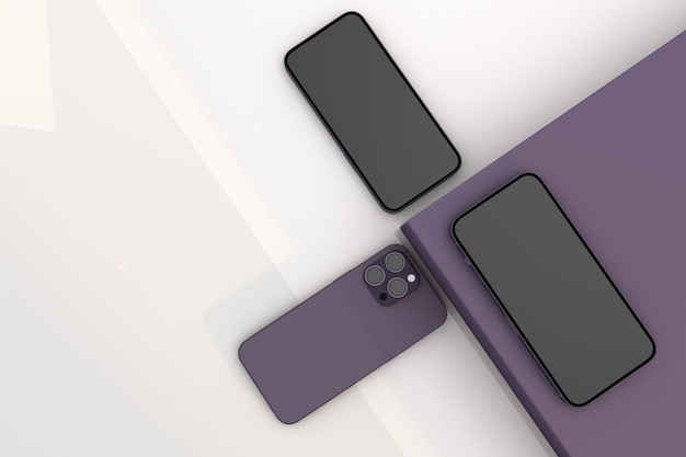 Tres iphone 14 pro max 3d smartphone morado ideal para maqueta