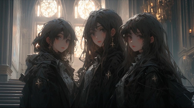 Três irmãs bruxas, meninas, olhos diferentes, roupas altas, estilo do século XIX, estética escura