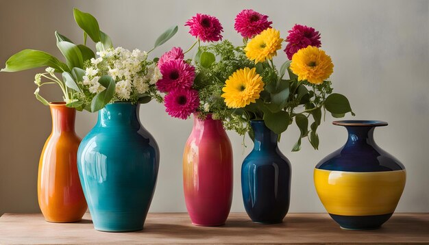 Foto tres jarrones coloridos con flores en ellos uno de los cuales es un jarrón con el otro con el otro que tiene el número 3 en él
