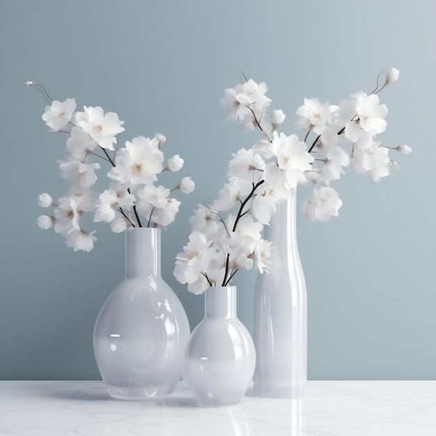 Tres jarrones con flores blancas están sobre una mesa.